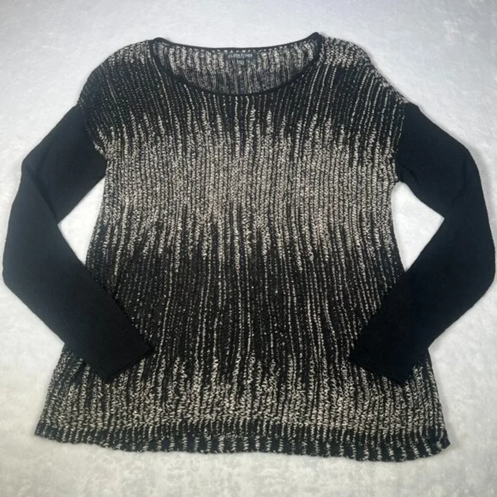 Eileen Fisher Sweater Womens PP / XS Black Tan Sheer Pullover Wool Linen Box Top
